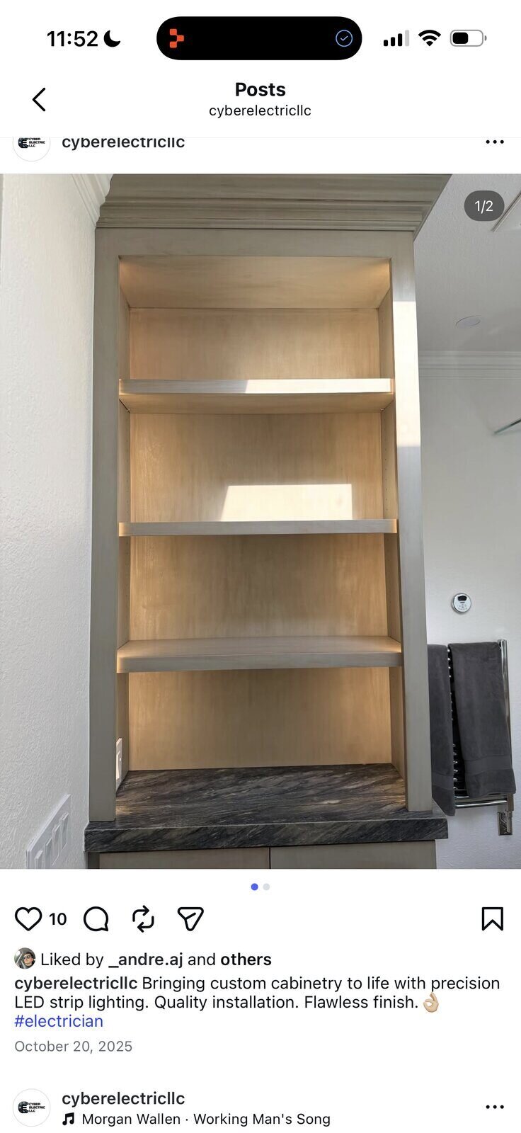 Custom built-in cabinet with LED strip lighting on each shelf — warm ambient glow — Cyber Electric LLC, Modesto CA